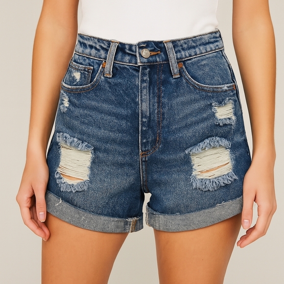 Almost Famous Blue Distressed Jean Shorts High-Waisted (New) - Picture 1 of 5